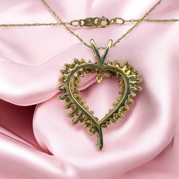 10K Gold- Diamond Heart Necklace -18"-1.2CTTW Cluster Diamonds- Round Cut -4g - Picture 10 of 16